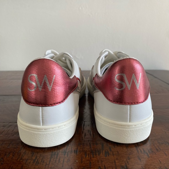 Stuart Weitzman Daryl Leather Low Women’s Size 5.5 B Silver Red Sneaker - Picture 5 of 14